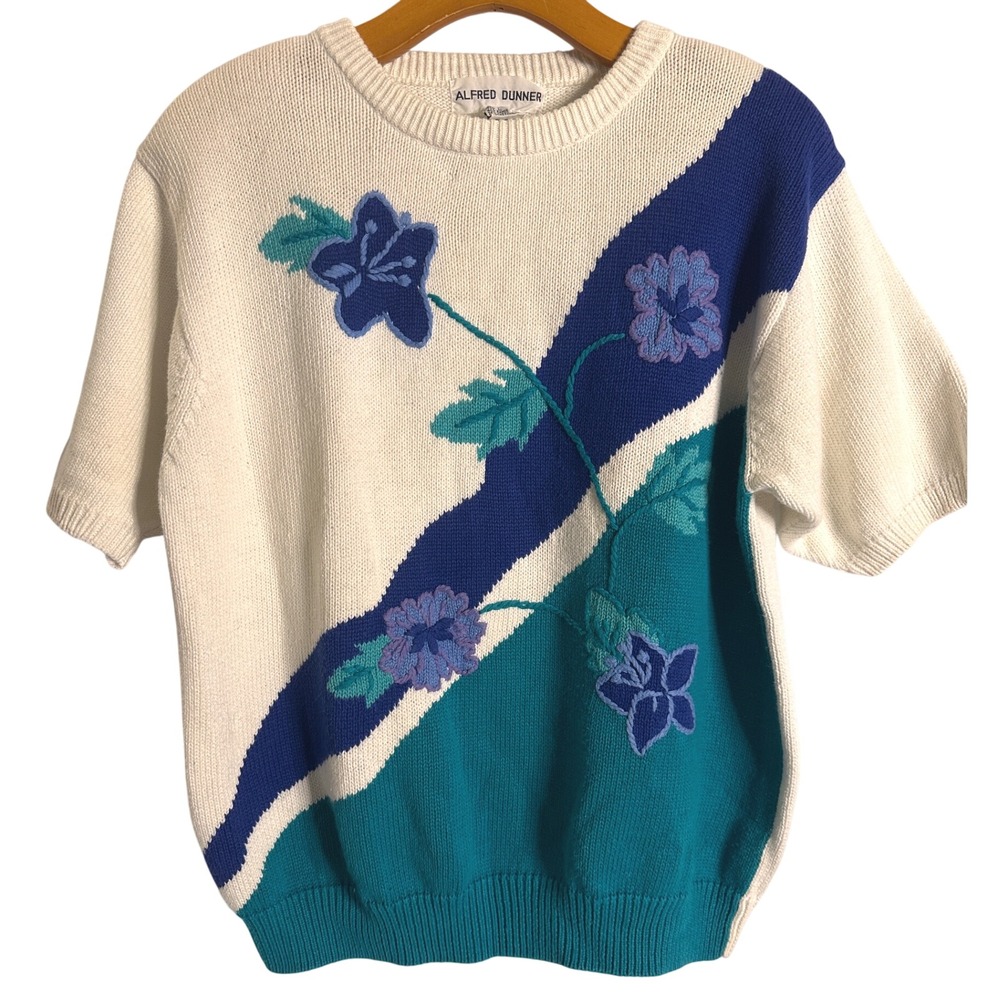 VINTAGE ALFRED DUNNER Large 90s Embroidered Floral Shoulder Pad Sweater